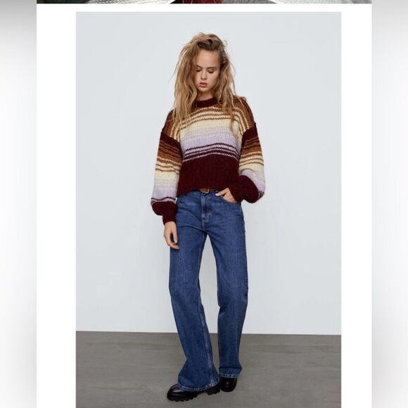 Zara Stripped Balloon Sleeve Knit Alpaca/Wool Blend Sweater‎ Sz Medium Red - Picture 2 of 7